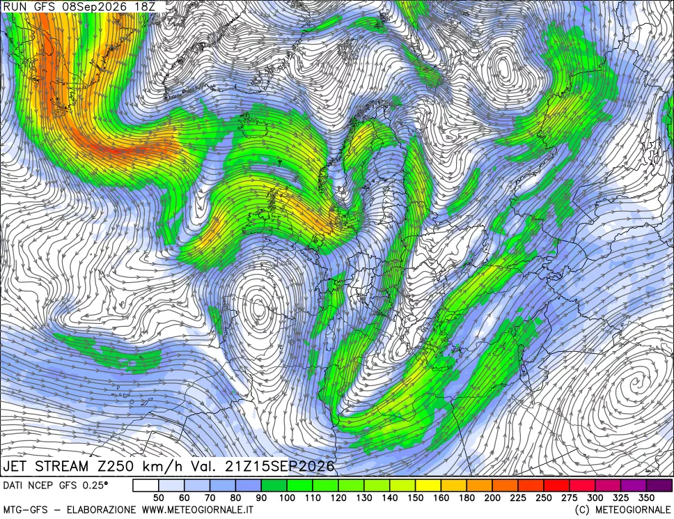 mappa 250 hPa Jet stream