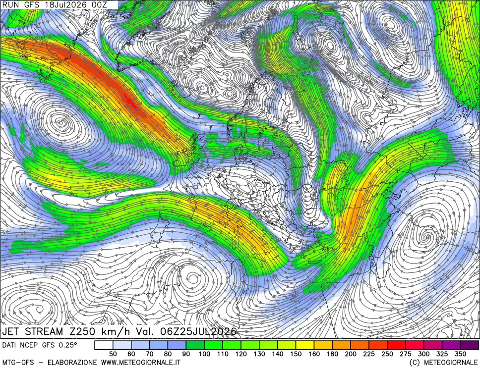 mappa 250 hPa Jet stream