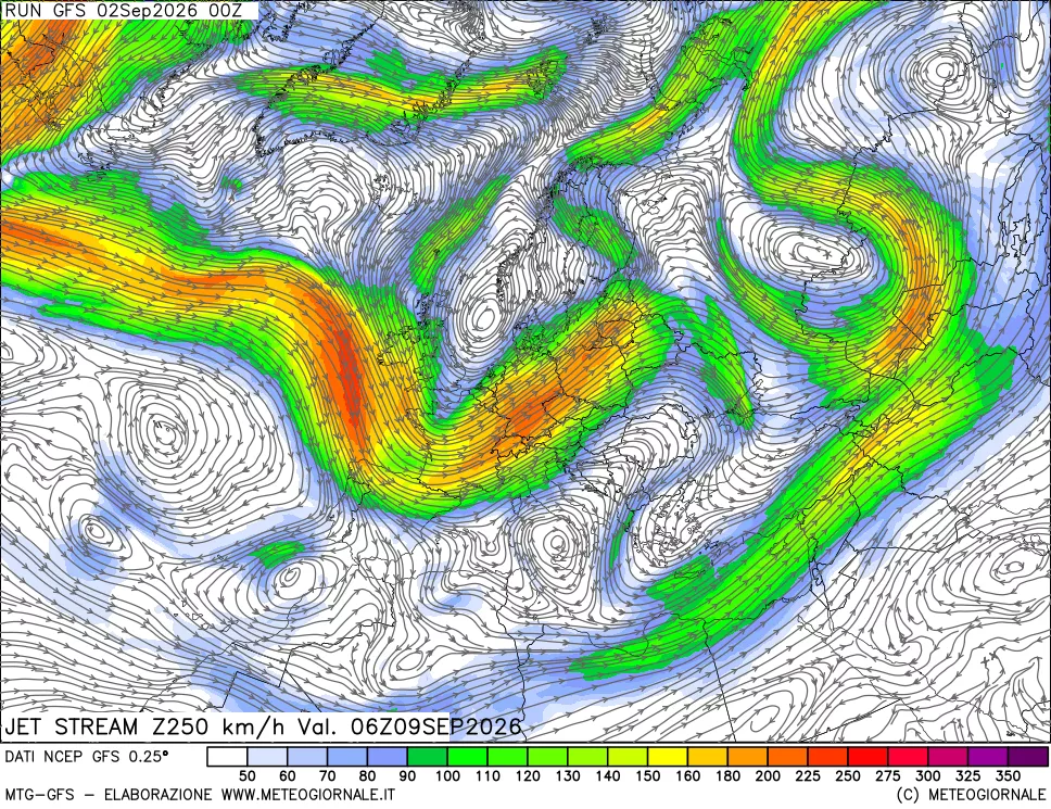 mappa 250 hPa Jet stream