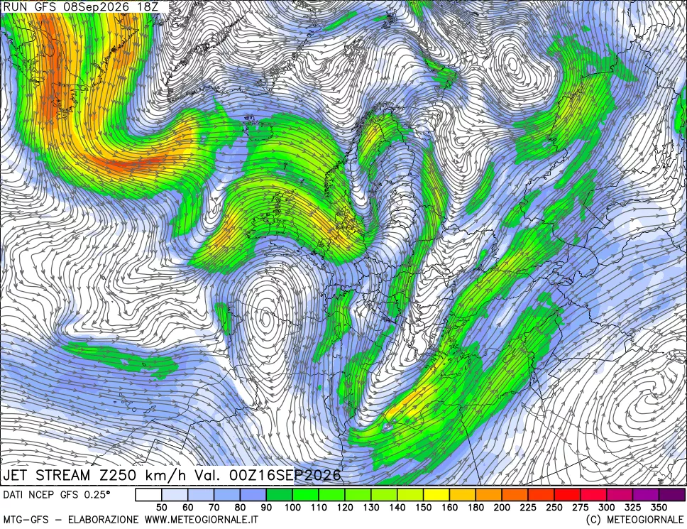mappa 250 hPa Jet stream