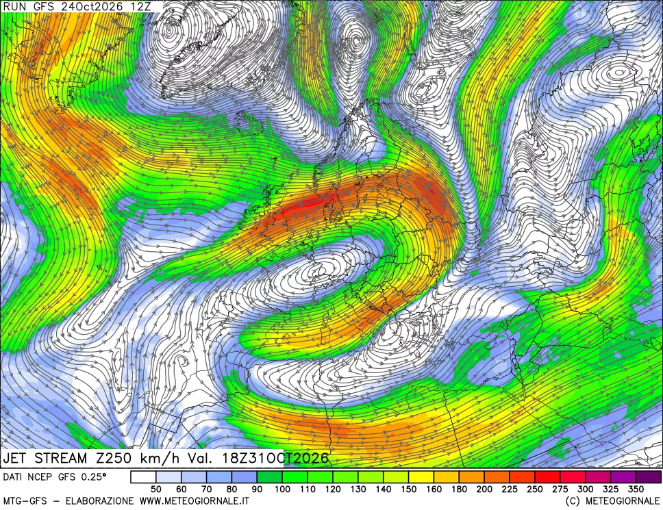 mappa 250 hPa Jet stream