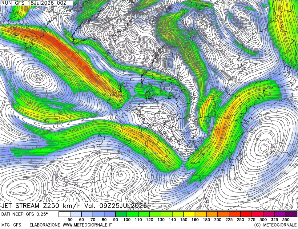 mappa 250 hPa Jet stream
