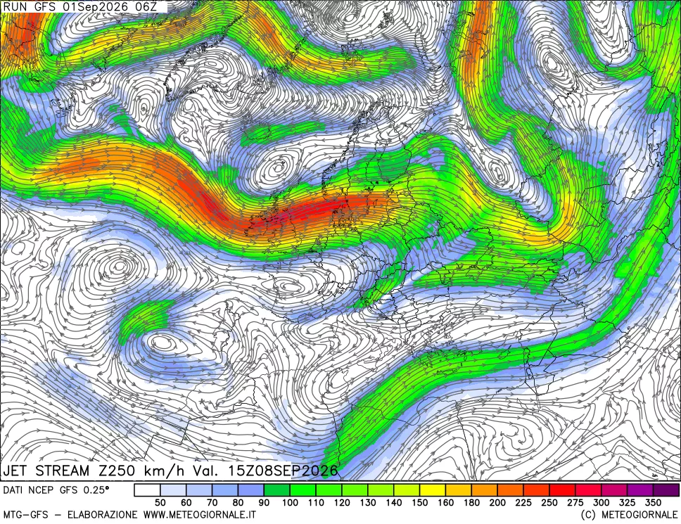 mappa 250 hPa Jet stream