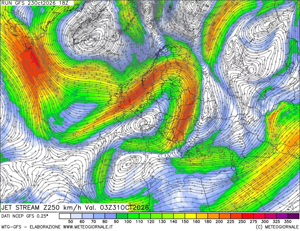 mappa 250 hPa Jet stream