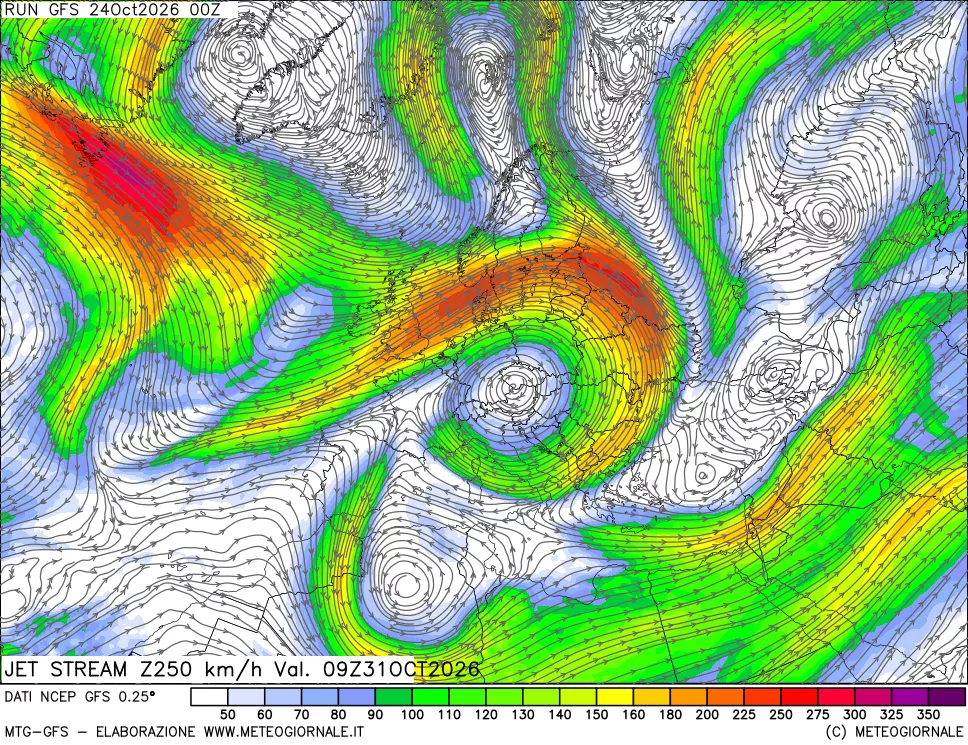 mappa 250 hPa Jet stream