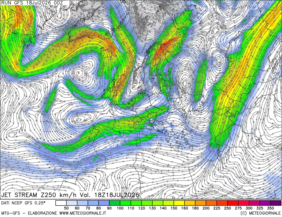 mappa 250 hPa Jet stream