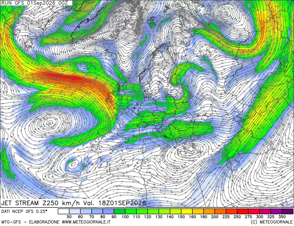 mappa 250 hPa Jet stream