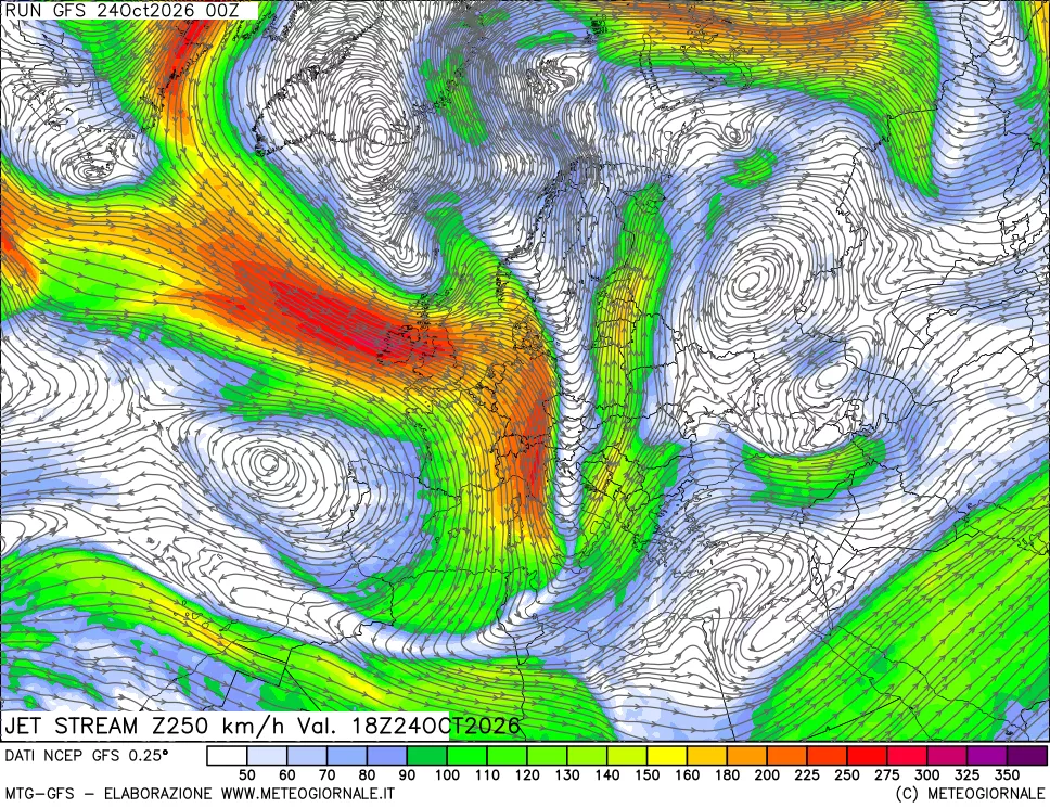mappa 250 hPa Jet stream