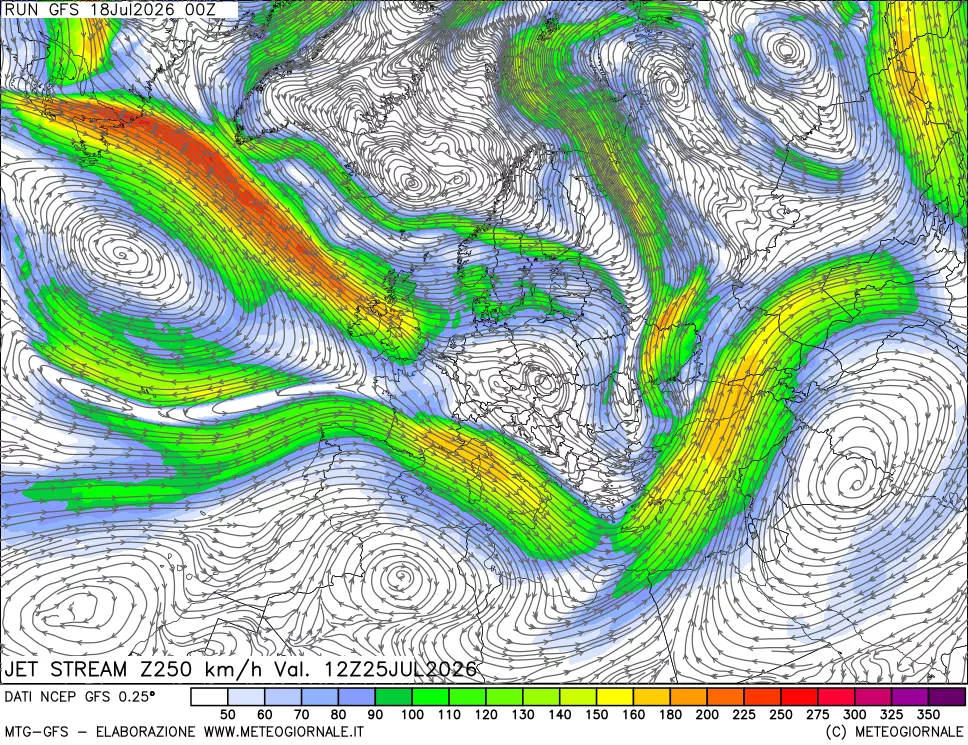 mappa 250 hPa Jet stream