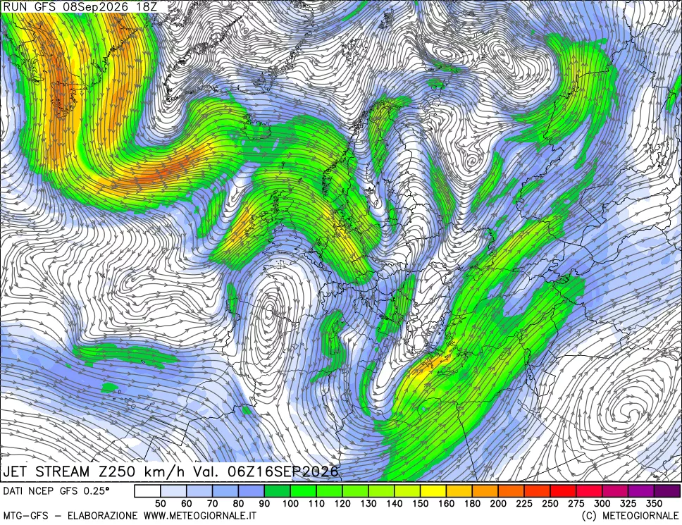 mappa 250 hPa Jet stream