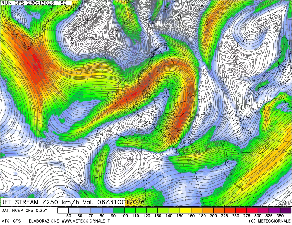 mappa 250 hPa Jet stream