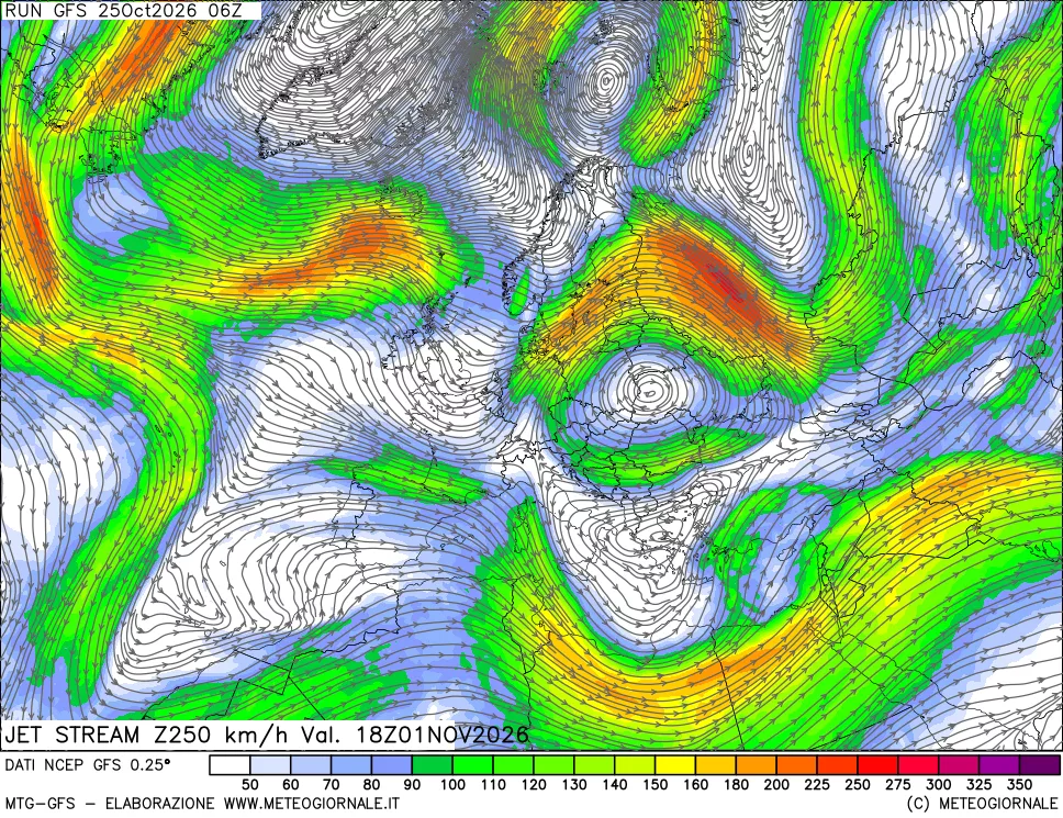 mappa 250 hPa Jet stream