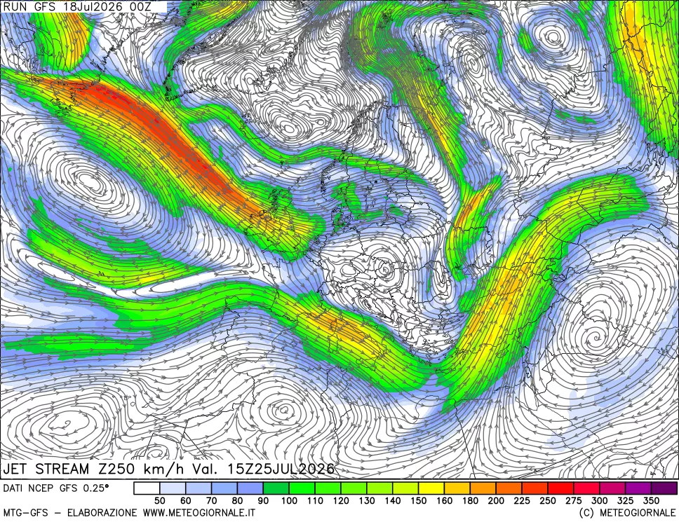 mappa 250 hPa Jet stream
