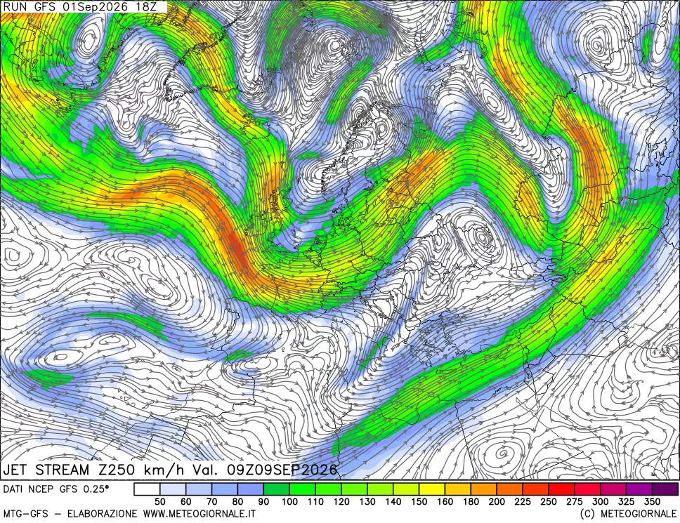 mappa 250 hPa Jet stream