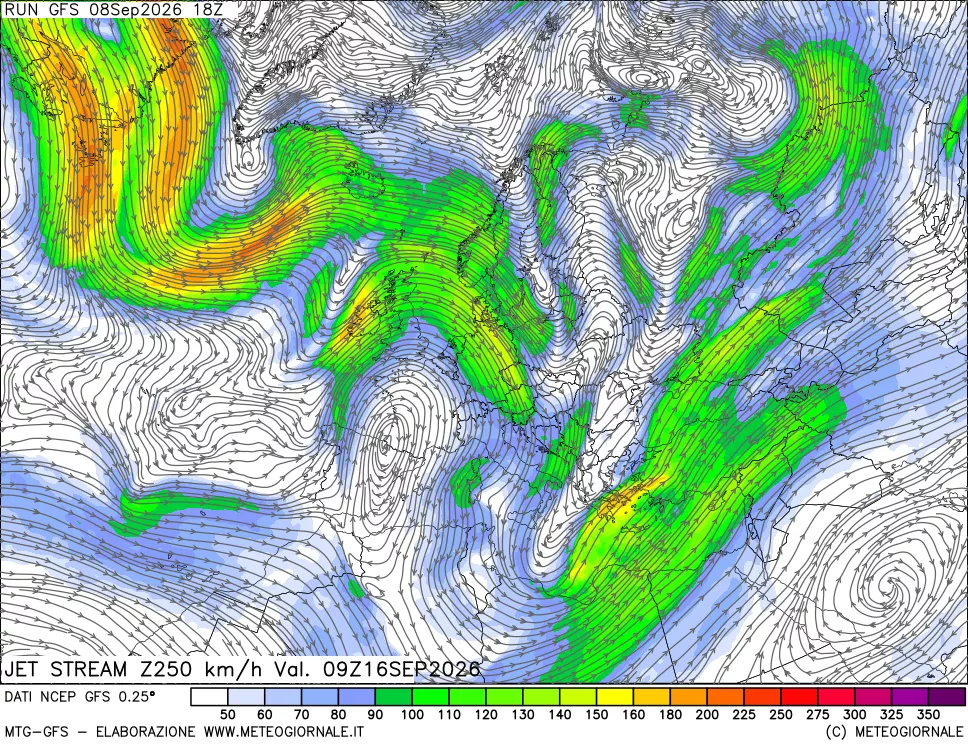 mappa 250 hPa Jet stream