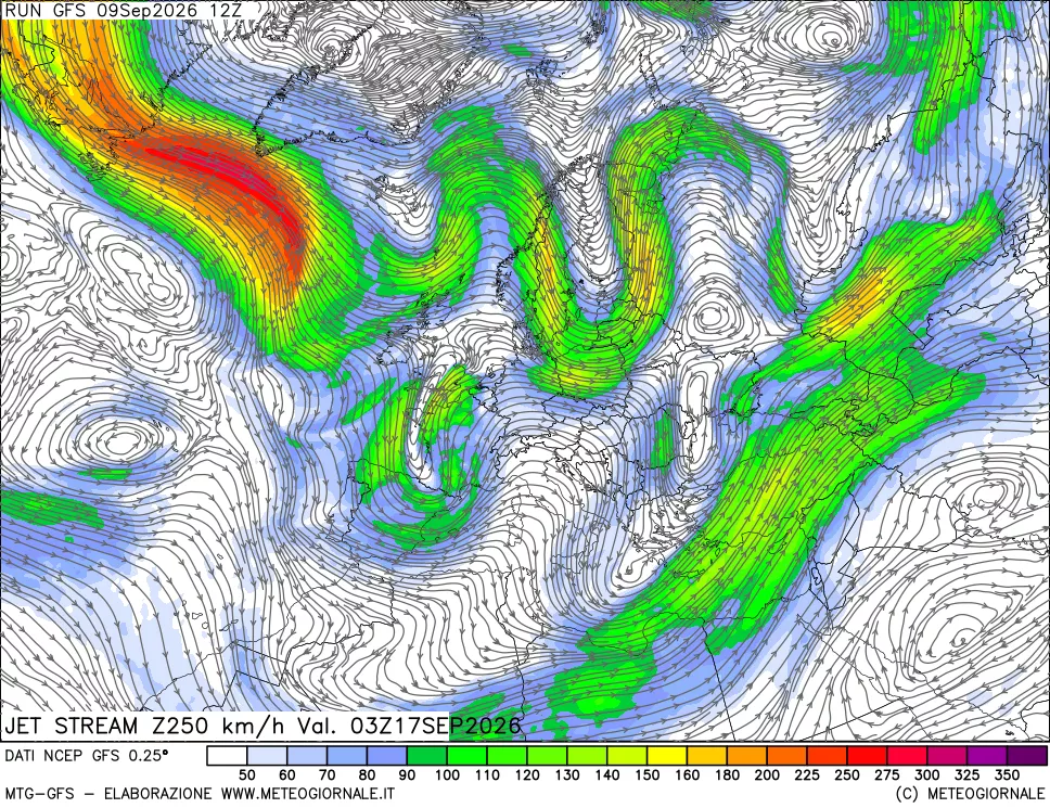 mappa 250 hPa Jet stream