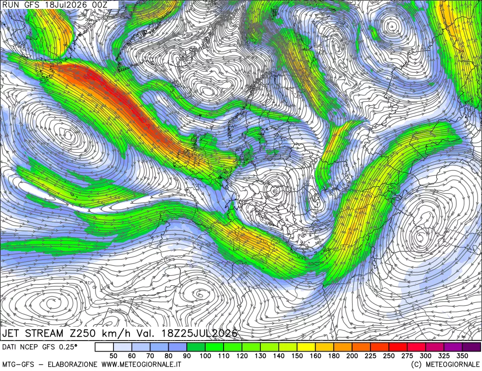 mappa 250 hPa Jet stream