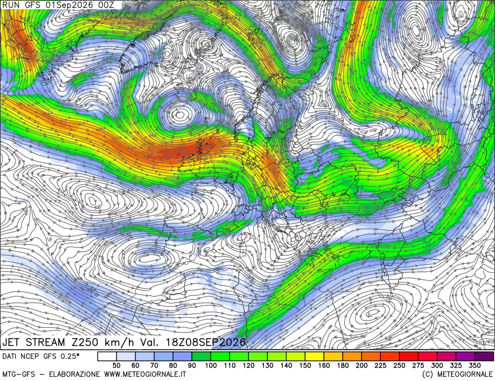mappa 250 hPa Jet stream