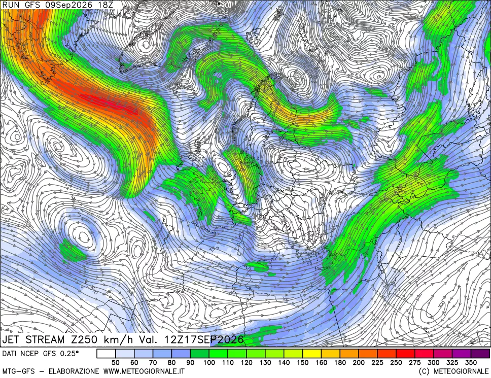 mappa 250 hPa Jet stream