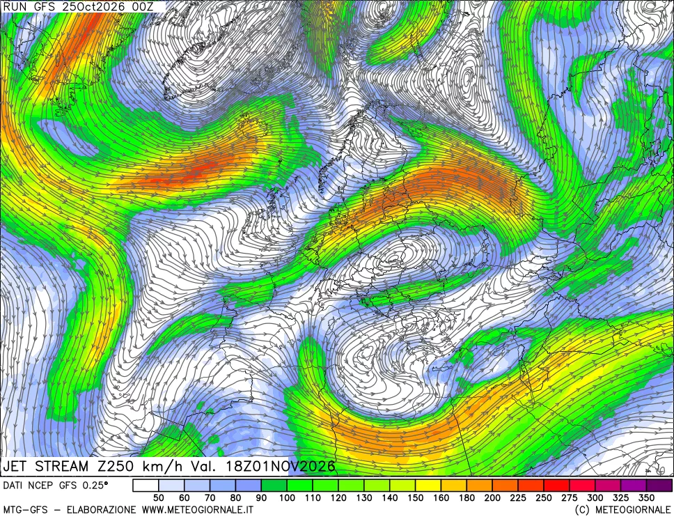 mappa 250 hPa Jet stream