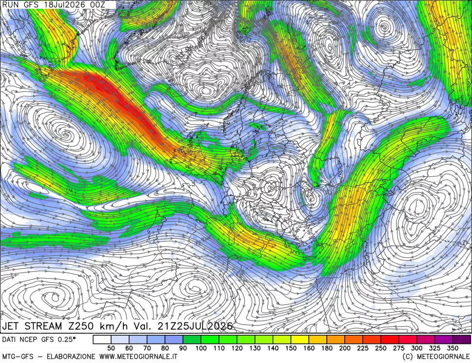 mappa 250 hPa Jet stream