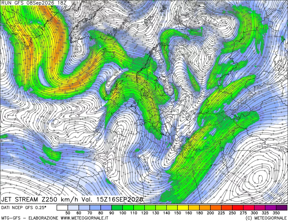 mappa 250 hPa Jet stream