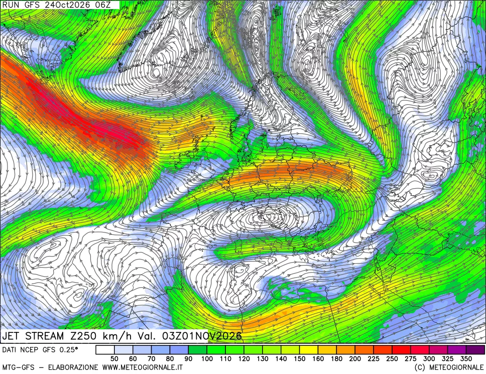 mappa 250 hPa Jet stream