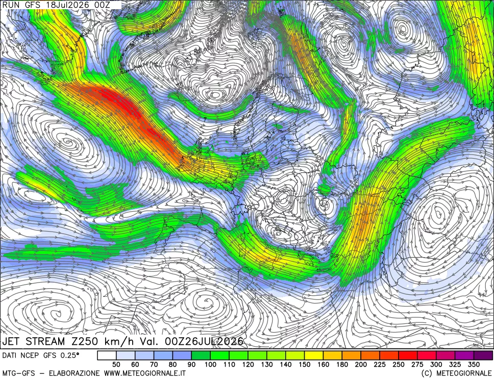 mappa 250 hPa Jet stream