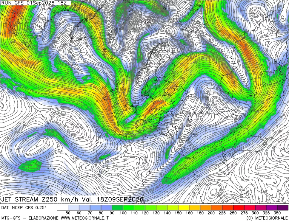 mappa 250 hPa Jet stream