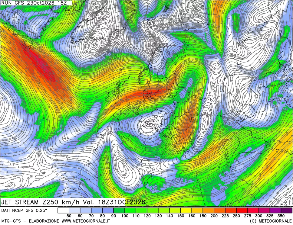 mappa 250 hPa Jet stream