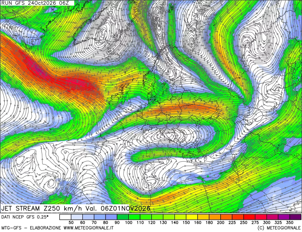 mappa 250 hPa Jet stream