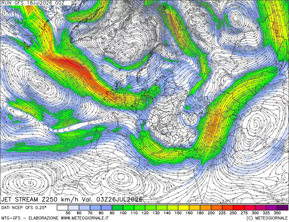 mappa 250 hPa Jet stream