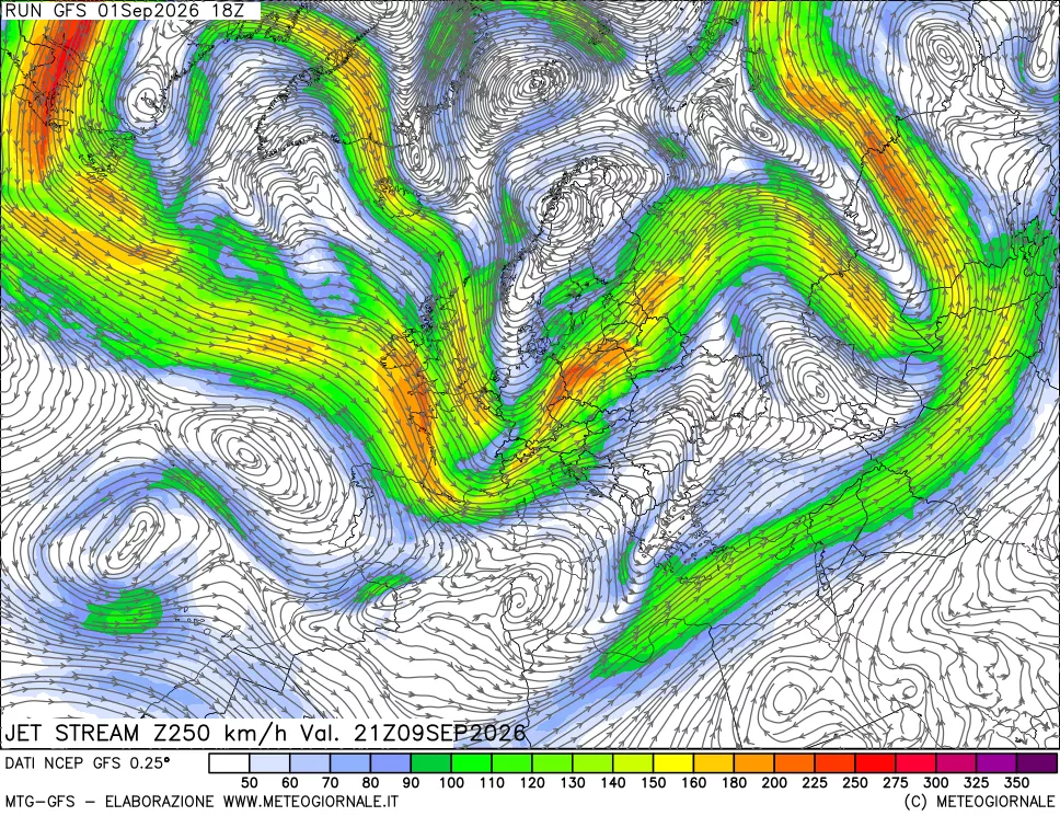 mappa 250 hPa Jet stream