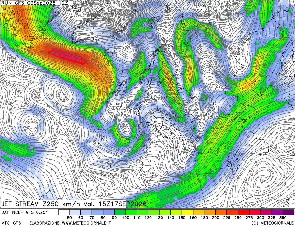 mappa 250 hPa Jet stream