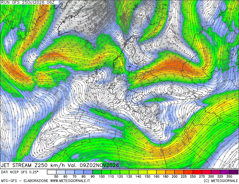 mappa 250 hPa Jet stream