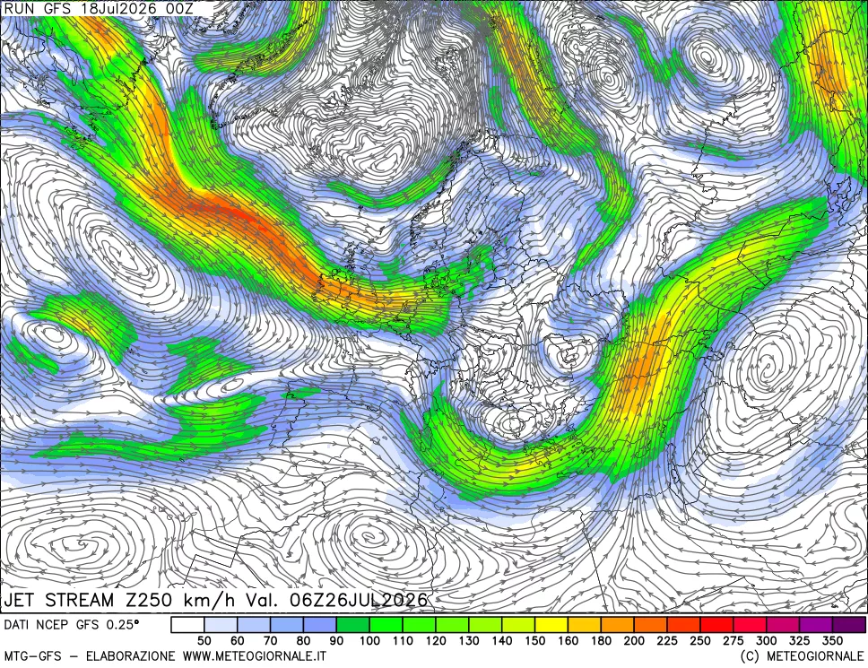 mappa 250 hPa Jet stream
