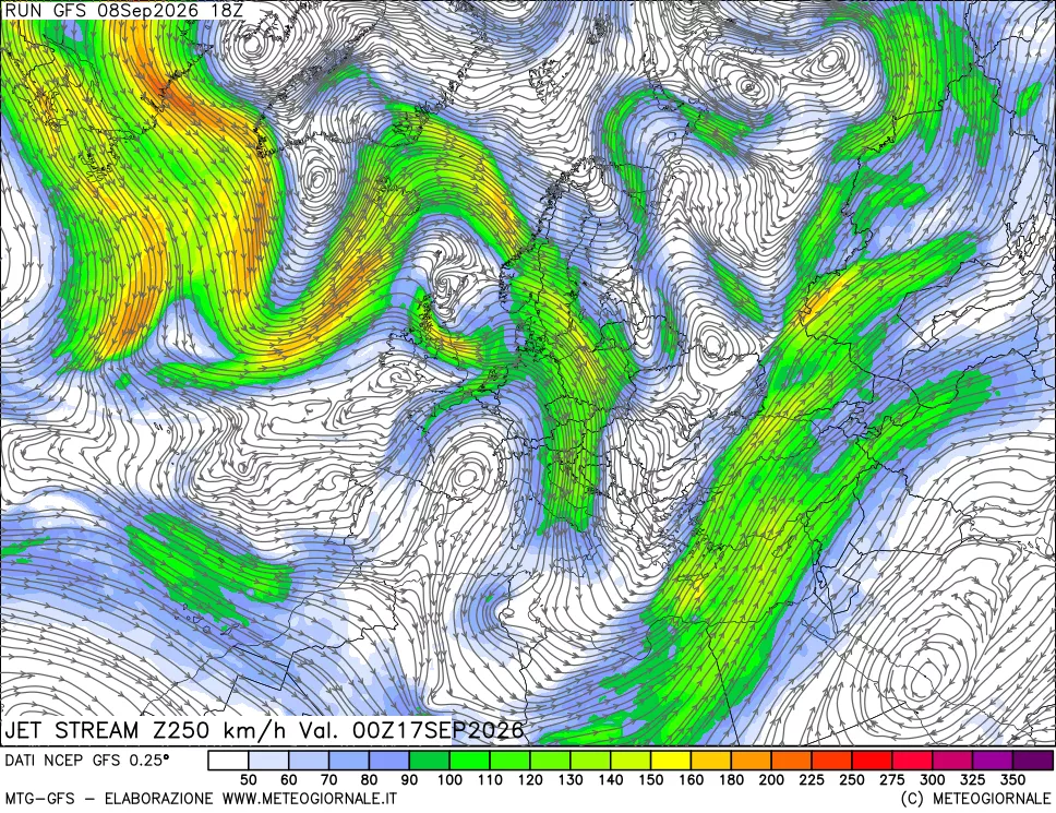 mappa 250 hPa Jet stream