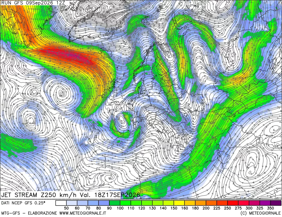 mappa 250 hPa Jet stream