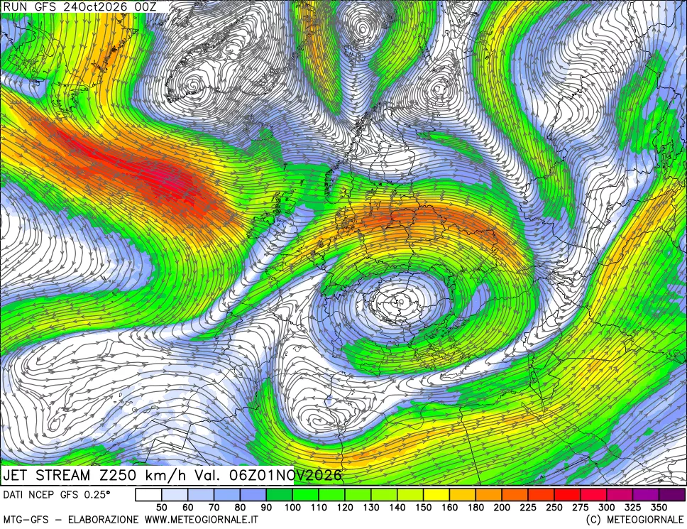 mappa 250 hPa Jet stream