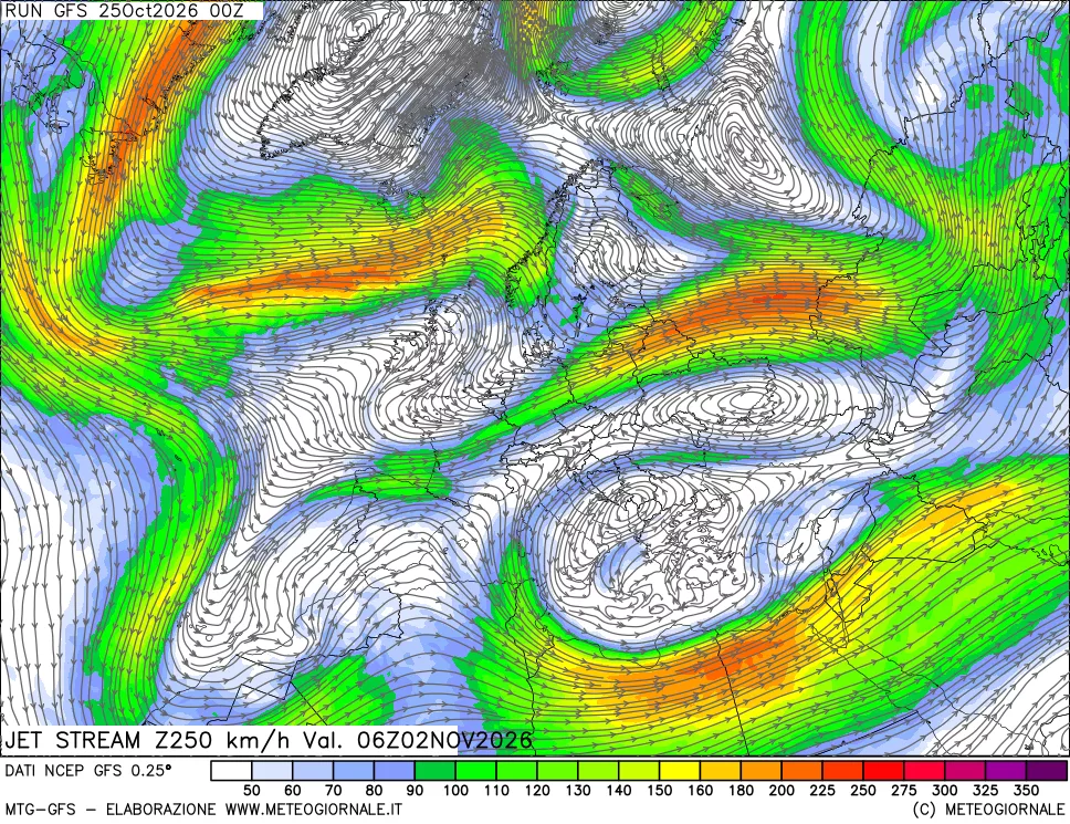 mappa 250 hPa Jet stream