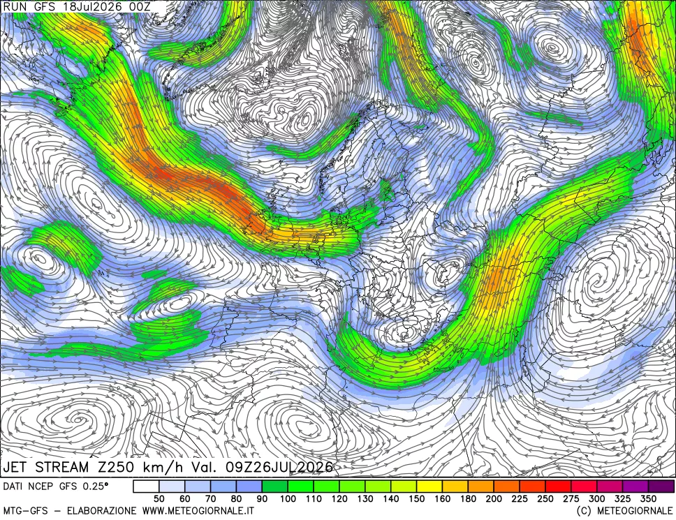 mappa 250 hPa Jet stream