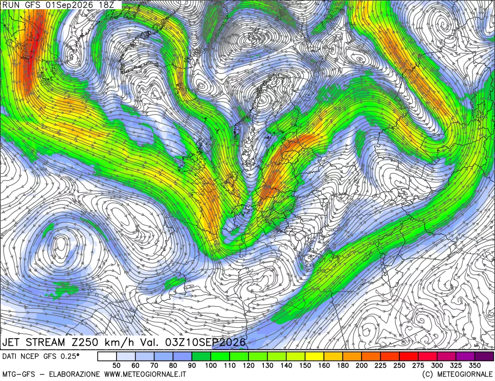 mappa 250 hPa Jet stream