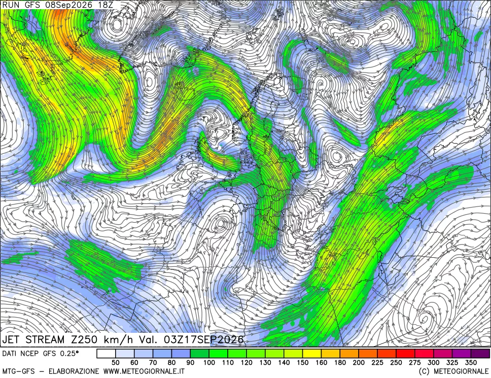 mappa 250 hPa Jet stream
