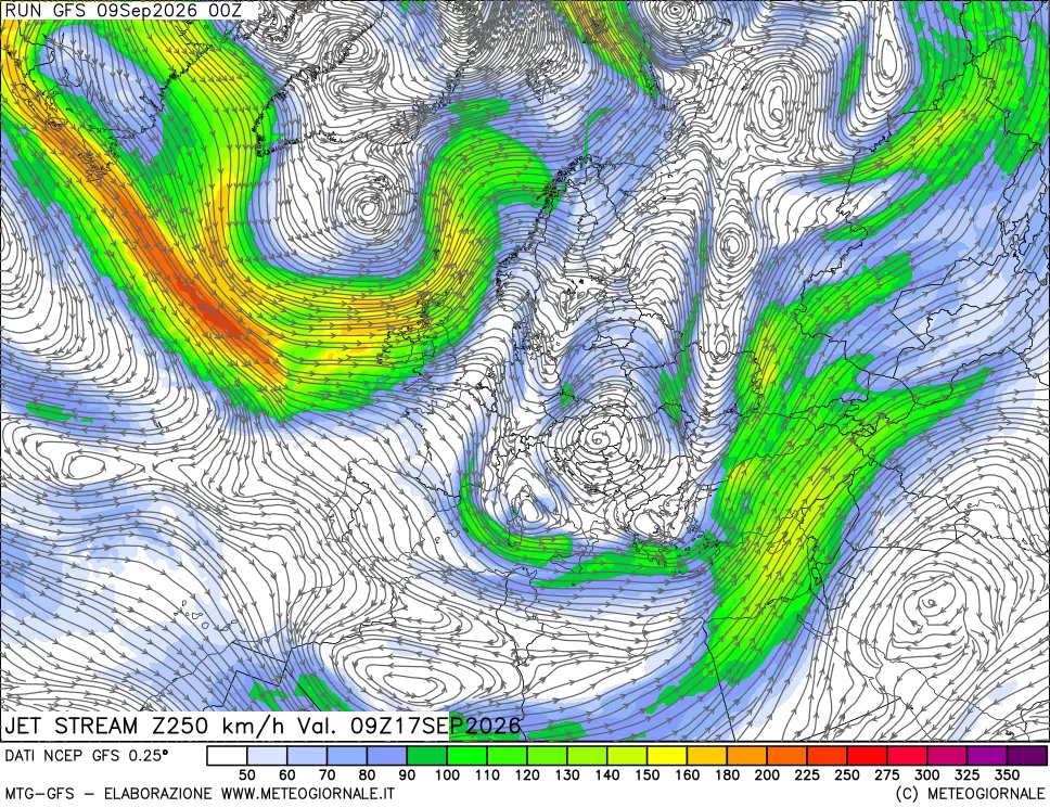 mappa 250 hPa Jet stream