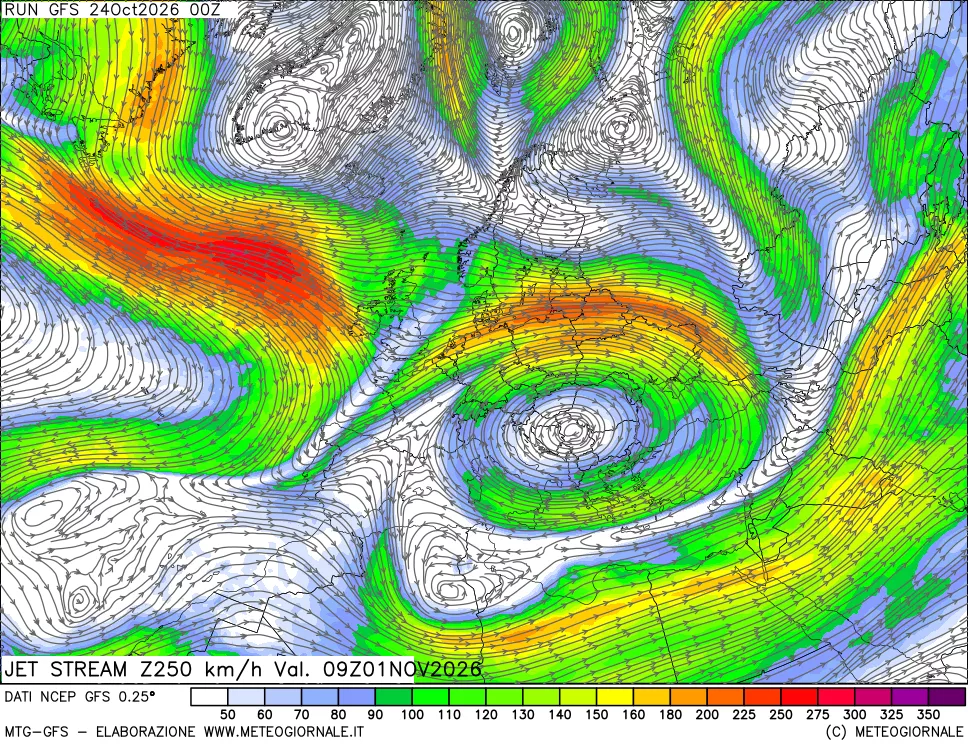 mappa 250 hPa Jet stream