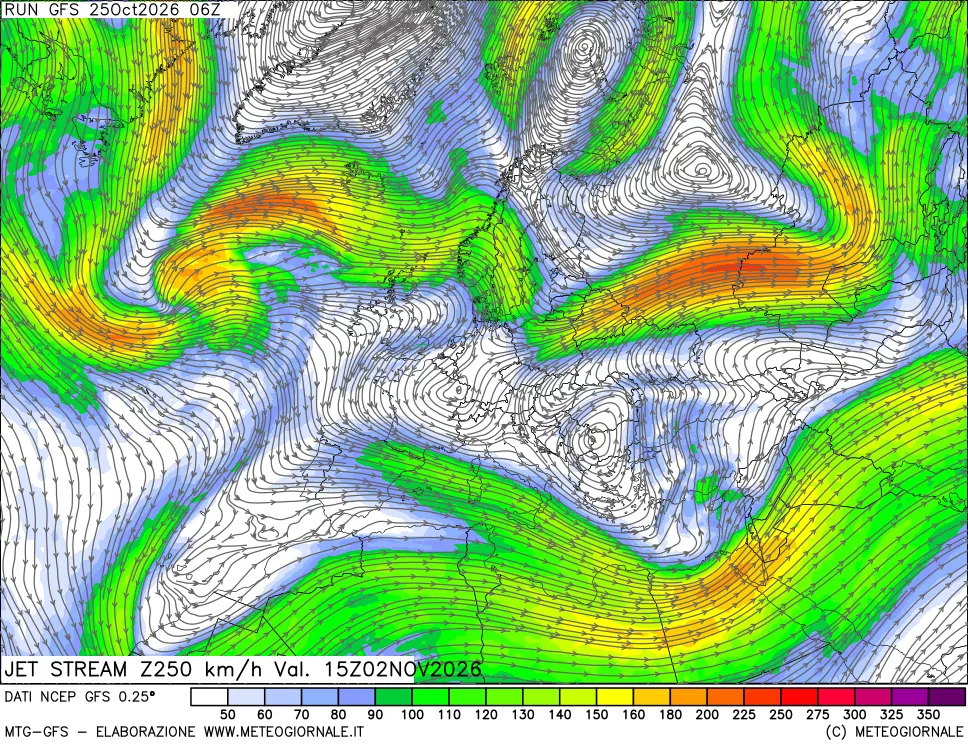 mappa 250 hPa Jet stream