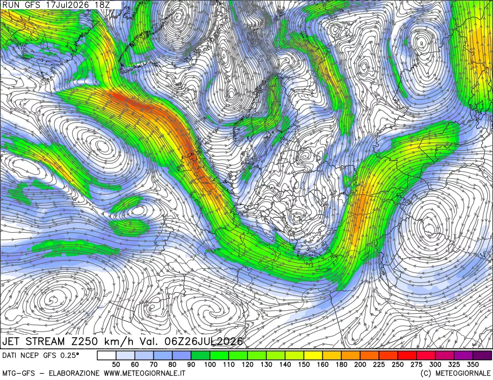 mappa 250 hPa Jet stream