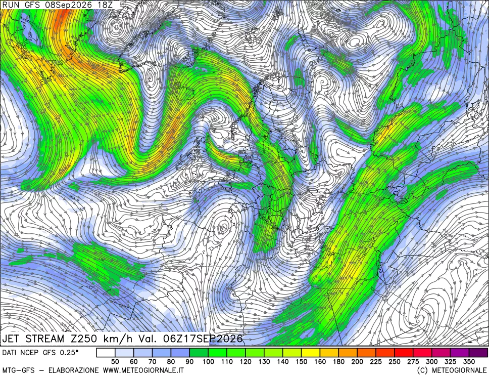 mappa 250 hPa Jet stream