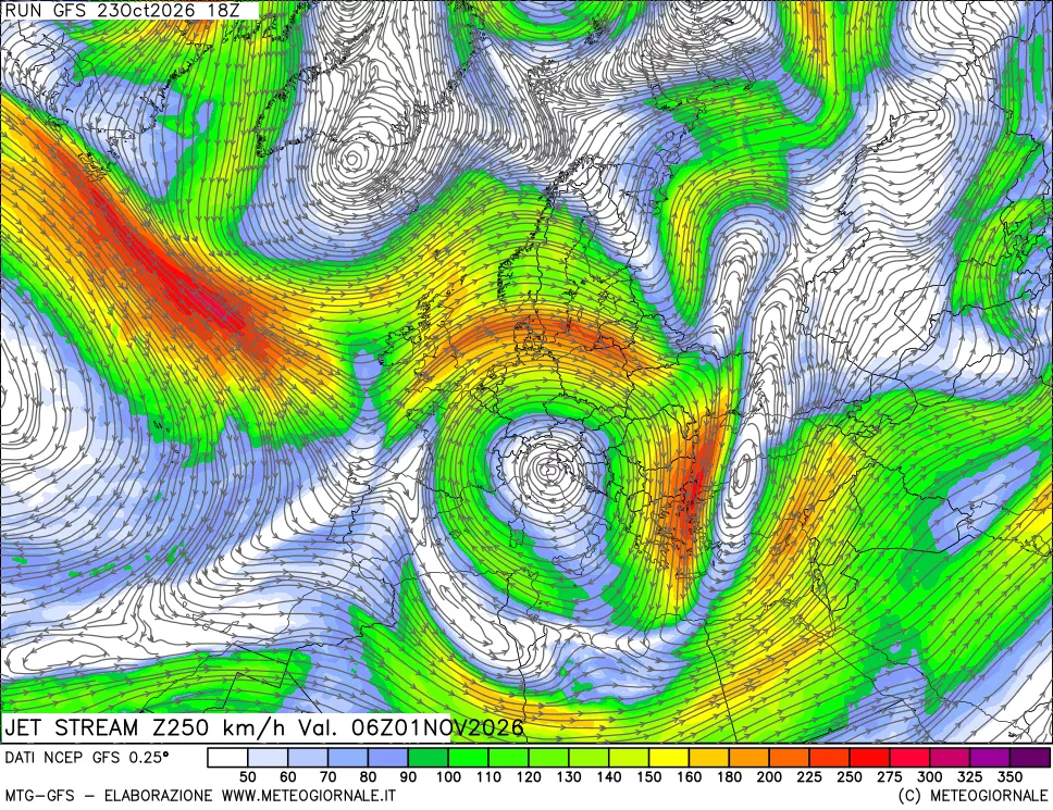 mappa 250 hPa Jet stream