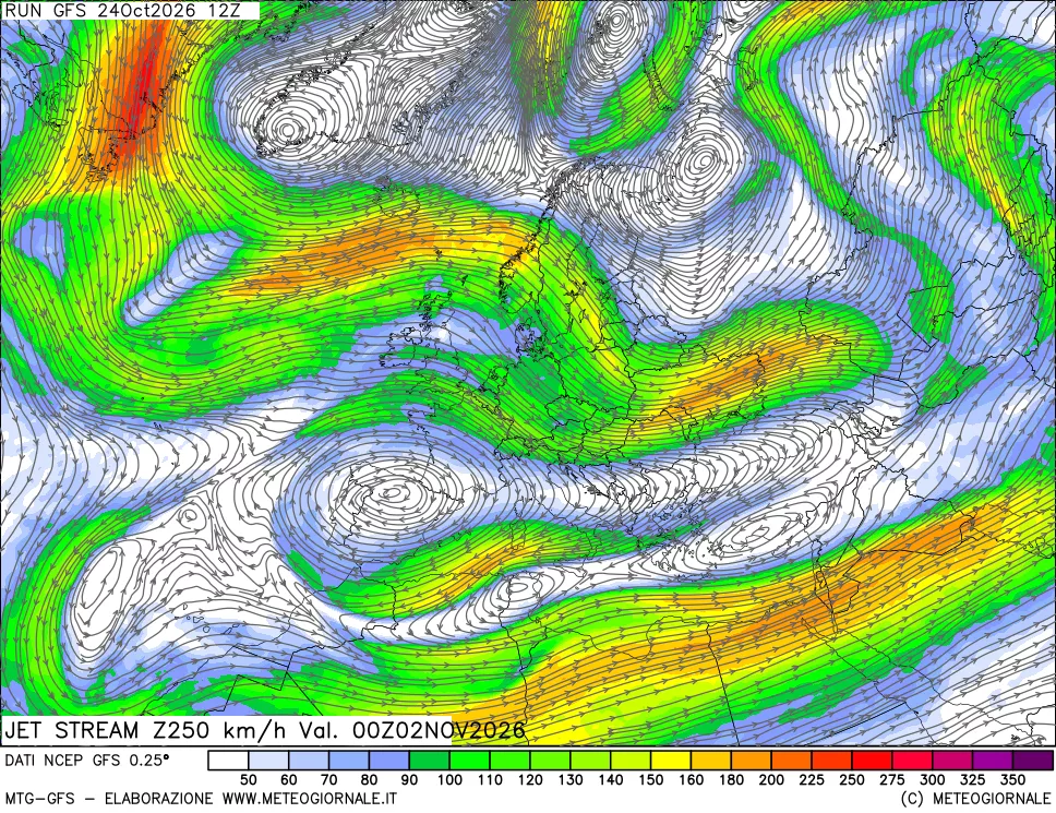 mappa 250 hPa Jet stream
